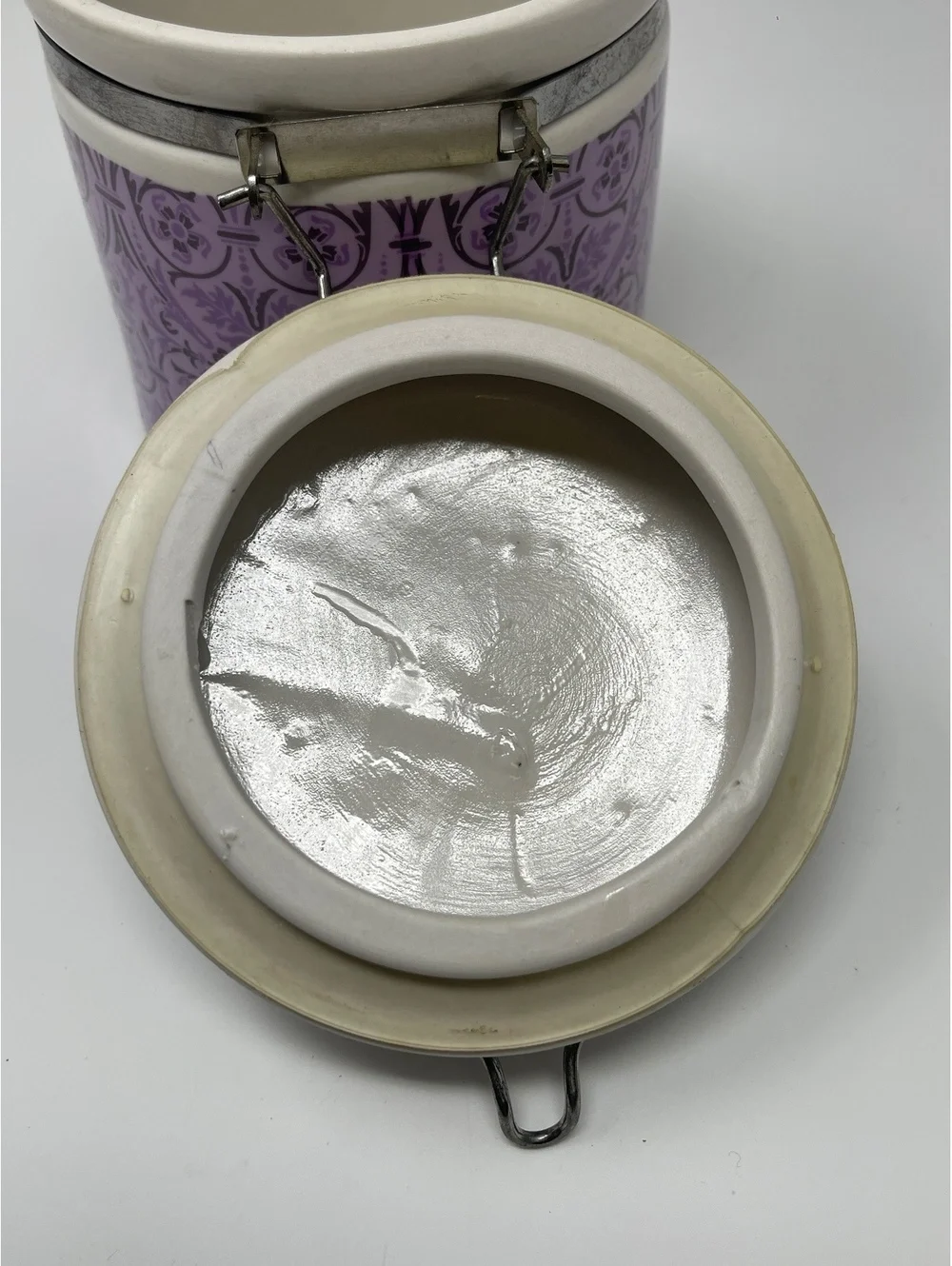 Vintage Purple Floral Ceramic Jar Canister Storage Container Wire Metal Clamp